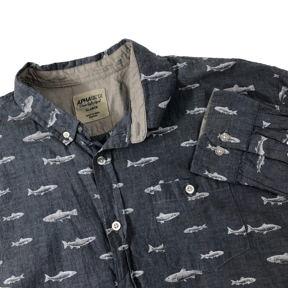 Alpha Beta‎ Shirt Men XL Gray Fish All Over Print Long Sleeve Button Down Pocket
